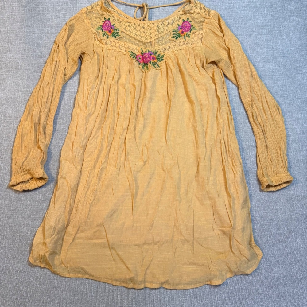 Umgee Boho Floral Embroidered Lace Trim Tunic Dress Mustard Yellow Medium